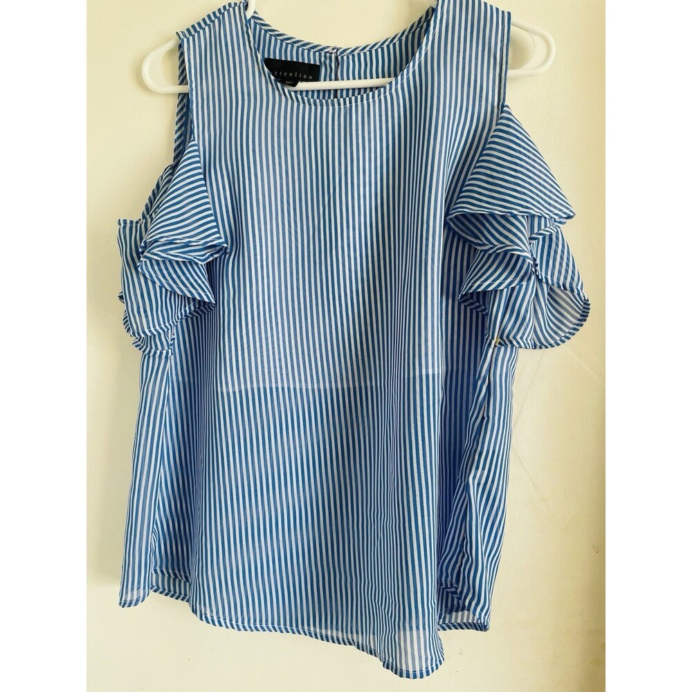 Banana Republic Women's Blue White Striped Cold Shoulder Ruffle Blouse M